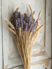 Rustic arrangement of dried lavender and wheat, vintage farmhouse vibes 