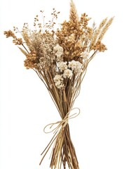 Rustic bouquet of dried flowers and grasses, tied with twine, soft vintage aesthetic