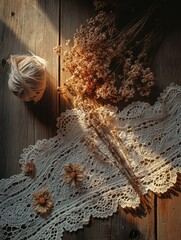 Rustic flat-lay of dried flowers and lace doilies on an aged wooden table, soft lighting