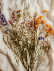 Rustic flat-lay of dried meadow grasses and colorful wildflowers on natural fabric