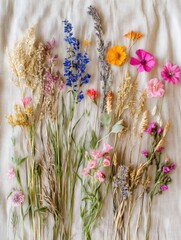Rustic flat-lay of dried meadow grasses and colorful wildflowers on natural fabric