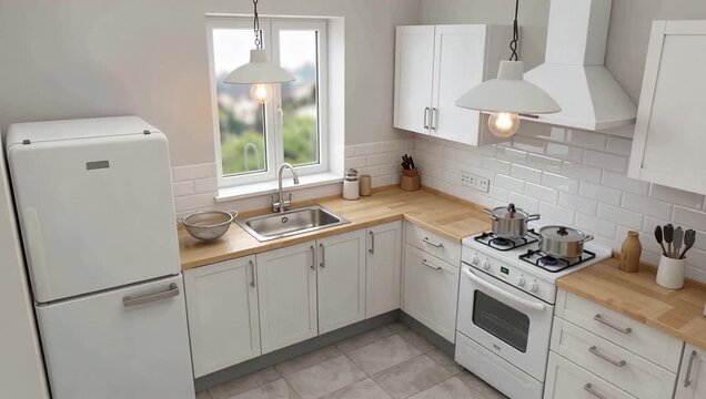 Bright White Kitchen With Modern Cabinets And Appliances.