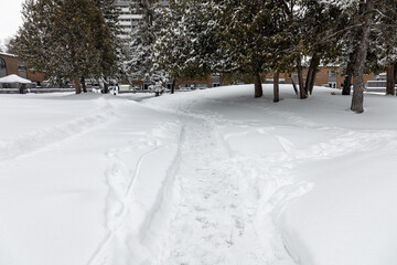 Sidewalk in residential area covered with snow after winter snowfall.