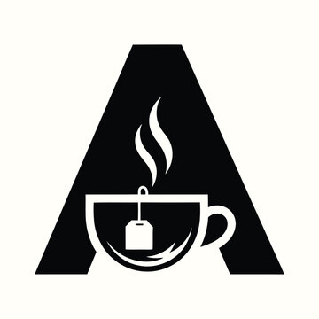 Minimalist tea cup with teabag inside initial letter a logo design icon