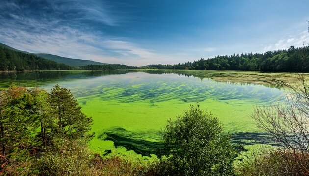 toxic algae bloom spreading in a lake toxic contamination aquatic ecosystem damage