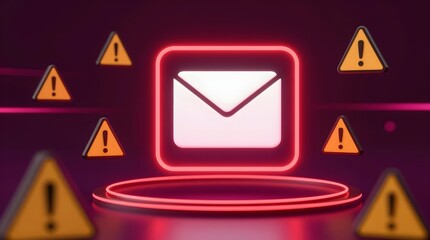 Warning signs surround a neon email icon on a dark background with alert symbols