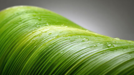 Banana leaf food packaging detail with fresh green texture and water droplets showing natural eco friendly material and organic surface closeup