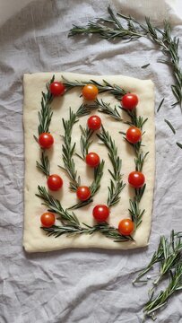 A flat lay of focaccia dough arranged with cherry tomatoes and rosemary. The dough is on a sheet pan, showcasing a creative garden bread design with edible flowers.