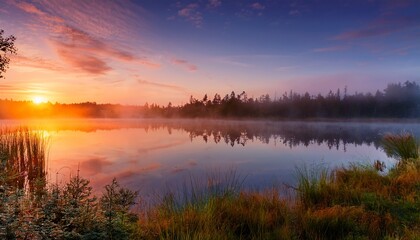 Obraz premium Serene Lakeside Sunset Misty Morning Reflecting Vibrant Hues Of Dawn On Still Water