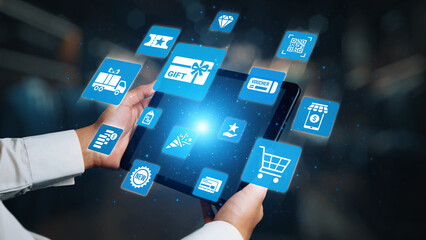 Digital gift card icons show e-commerce, payment, and digital gift card redemption. Digital gift...