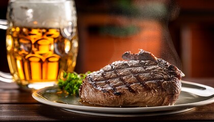 Grilled Steaming Hot Steak On A Plate With Beer