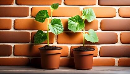 Two Sprouts Of Cucumber In Pots On A Brick Wall Background