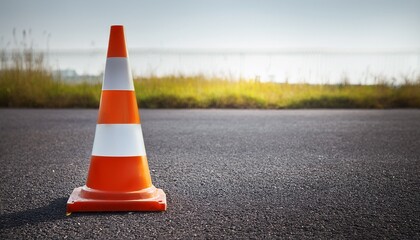 Traffic Cone With White And Orange Stripes On Gray Asphalt Copy Space