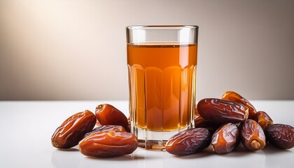 Glass Of Amber Juice With Pile Of Dates On A White Surface Featuring Soft Lighting And Warm Tones