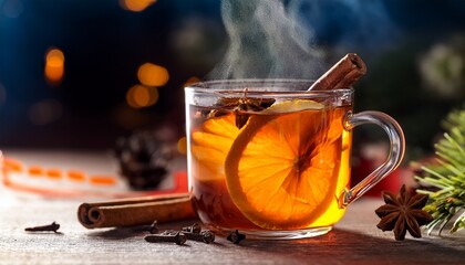 Close Up Of Steaming Hot Winter Drink With Cinnamon Sticks Cloves And Orange Peel In A Glass Mug