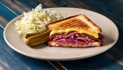 Grilled Sandwich With Pastrami Cheese Pickles And Coleslaw On The Side