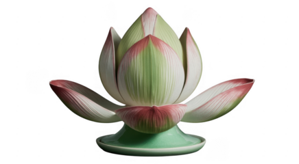 Ceramic lotus flower sculpture green pink isolated on a transparent background