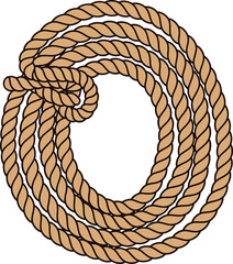 Coiled rope in a circular pattern with a knot on a white background Keywords: rope, cord, twine, string