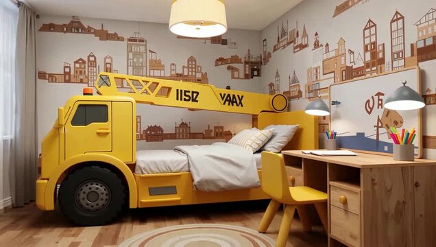 Colorful Bus Bed Room For Kids With Study Desk.