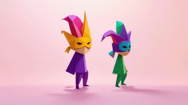 Playful origami jester figures in vibrant colors on pastel background
