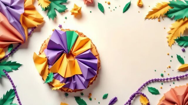 Vibrant origami decorations with colorful cake and beads on leafy background