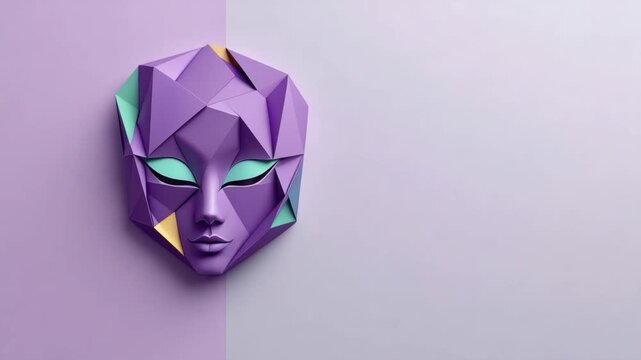 Geometric purple mask on pastel background with abstract design elements