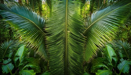 Fototapeta premium Lush Tropical Forest Scene Featuring Vibrant Green Palm Fronds And Leaves Creating A Beautiful Canopy