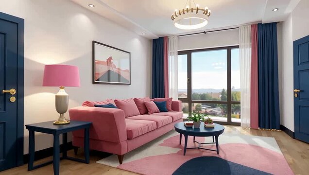 Cozy Modern Living Room With Pink Sofa And Blue Doors.