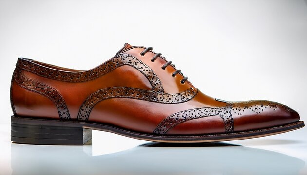 a single brown leather brogue shoe is presented in a side profile against a plain light gray background the shoe has a classic wingtip design with decorative perforations along the vamp