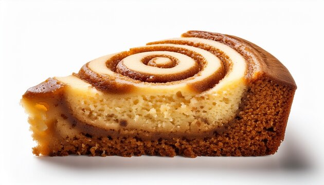 a slice of coffee cake with a cinnamon swirl on a white background