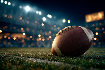 closeup of an American football ball on the grass of a stadium at night about to start a game