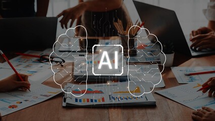 Team members collaborate on artificial intelligence development with visual data analysis, brainstorming strategies, and innovative ideas on a modern workspace. Raster