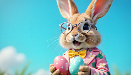 Modern Easter concept featuring a rabbit holding colorful eggs in its hands, set in front of a cloud-filled sky background. Perfect for festive designs, holiday illustrations, greeting cards, posters,