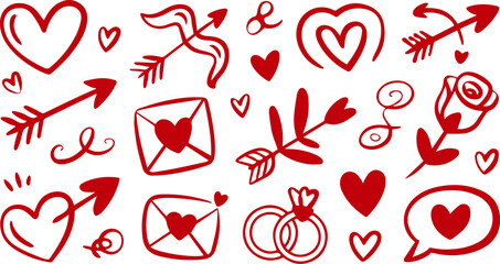 Heart hand drawn love, bow symbols icon illustration set vector
