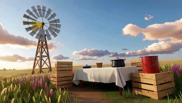 Outdoor Farm Setup With Windmill And Rustic Tables.