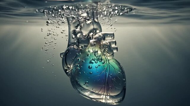 A surreal glass heart submerged underwater with shimmering bubbles.