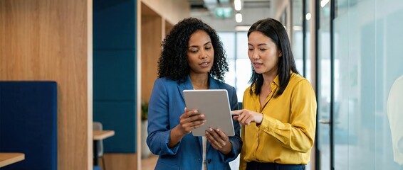 Black woman and Asian woman collaborating on tablet in modern office Diverse business team discussing project Concept of teamwork, technology, and professionalism