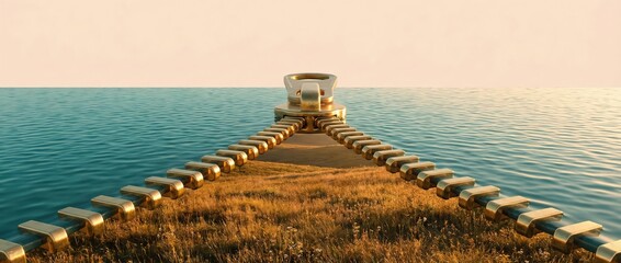 Zipper opening landscape to ocean, revealing path to water Concept of discovery, transition, and new beginnings