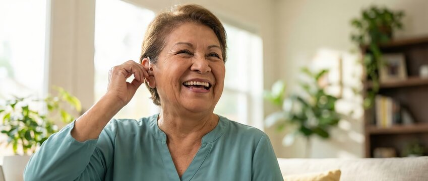 Senior Hispanic woman adjusting hearing aid, laughing joyfully at home Concept of hearing loss, accessibility, and active aging