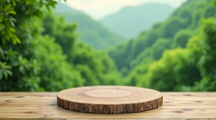 Wooden log slice podium on rustic table with blurred green forest background. Natural wood product display template for beauty and organic goods mockup.