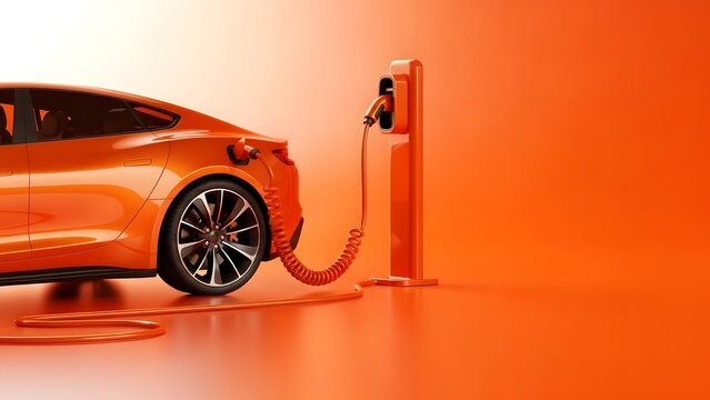 orange electric car being charged at a charging station on orange background
