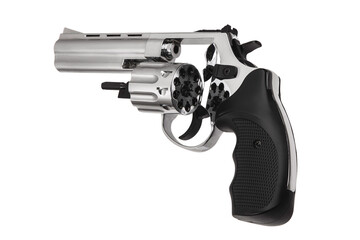 Shiny silver revolver with an open cylinder and black grip isolated on a white back