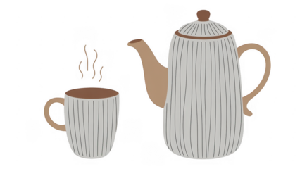 White teapot and cup with brown accents kitchen isolated on a transparent background
