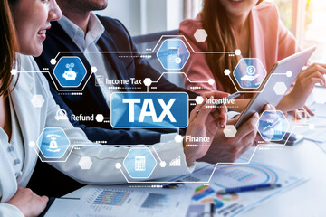 A diverse team engages in tax planning discussions, utilizing digital tools and infographics to shape effective financial strategies in a modern office setting. Tessel