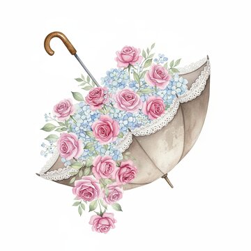 Hand painted watercolor vintage parasol filled with pink roses and blue hydrangea flowers on white