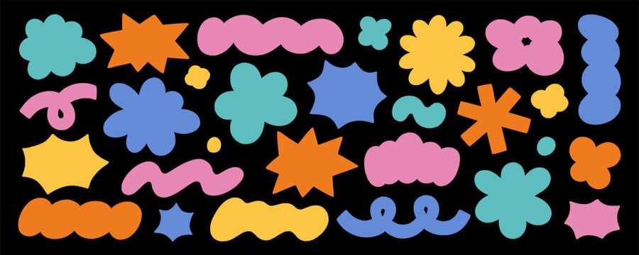 Abstract blob shapes doodle set. Hand drawn comic cloud forms and organic groovy figures in sketch style. Vector illustration isolated on black background