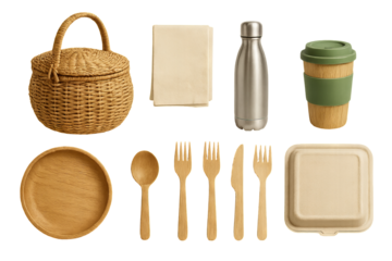Eco-friendly picnic set with bamboo utensils, reusable water bottle, coffee cup on white background. sustainable outdoor dining, green lifestyle accessories, environmentally conscious products