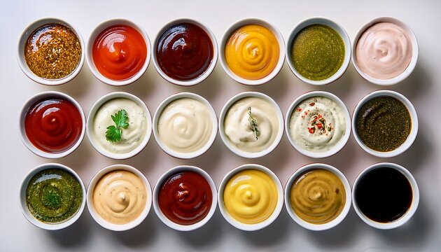 assorted dipping sauces in white bowls top view isolated on clear transparent