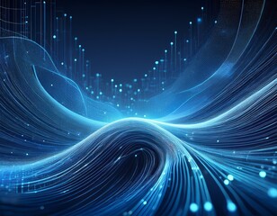 abstract blue background with flowing lines and connected dots representing technology and data visualization