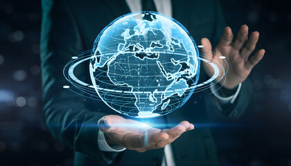 Business Professional Presenting Holographic Digital Globe and Global Network